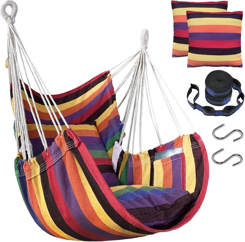 Halalona Hammock Chair Hanging Hammock Chair Rope Swing 2 Cushions Included-Sturdy & Durable Soft Cotton Hand Woven Hammock Swing for Bedroom, Porch, Patio-Indoor/Outdoor - Image 1
